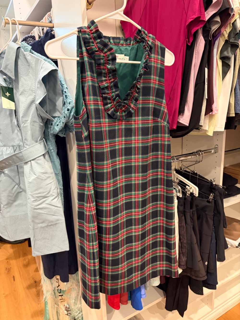 Vineyard Vines Sleeveless Plaid Ruffle V-Neck Dress - Green Plaid